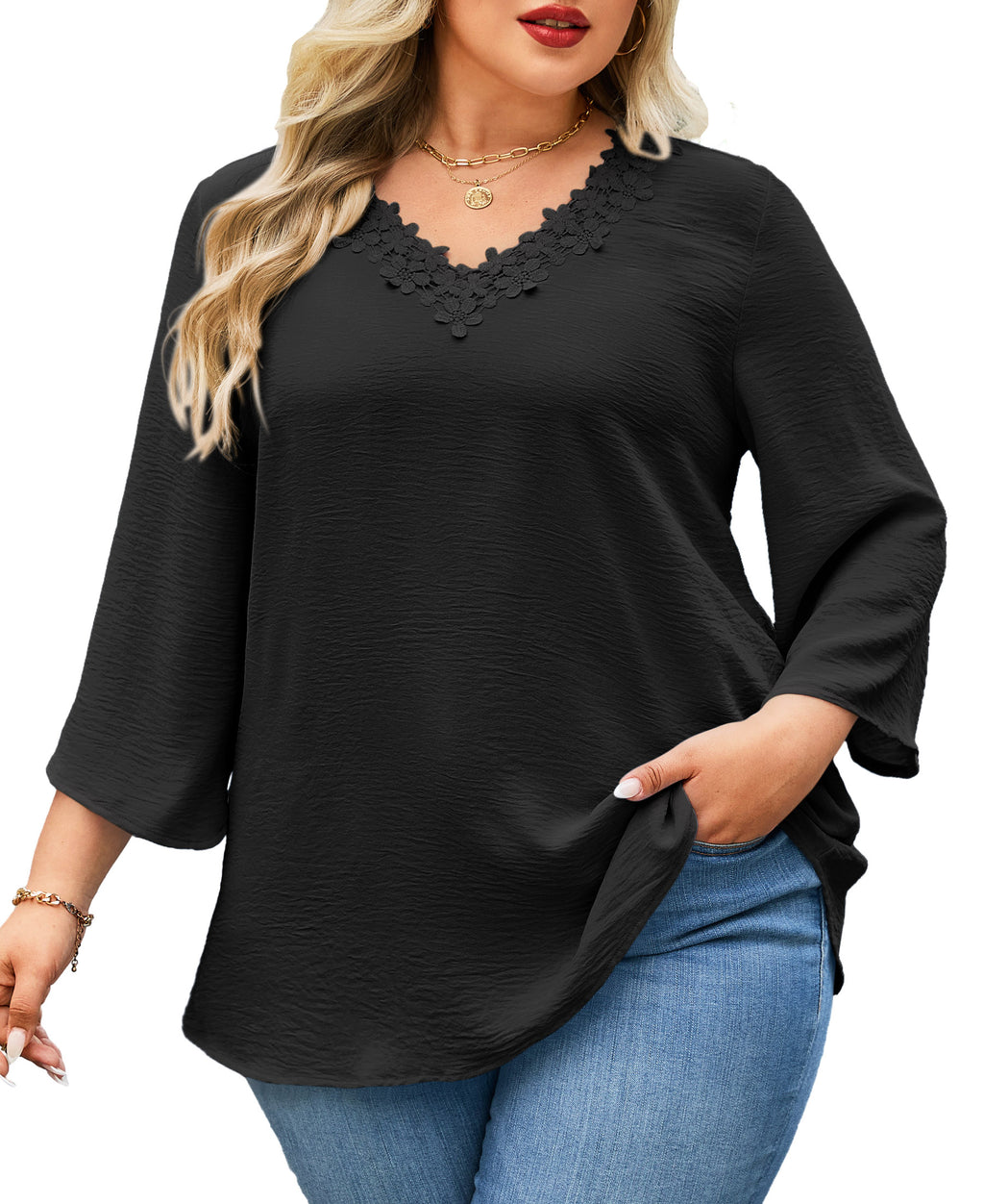 Womens Plus Size Blouses Dressy Casual 3/4 Sleeve Elegant V Neck Floral Trim Ladies Tunics Tops