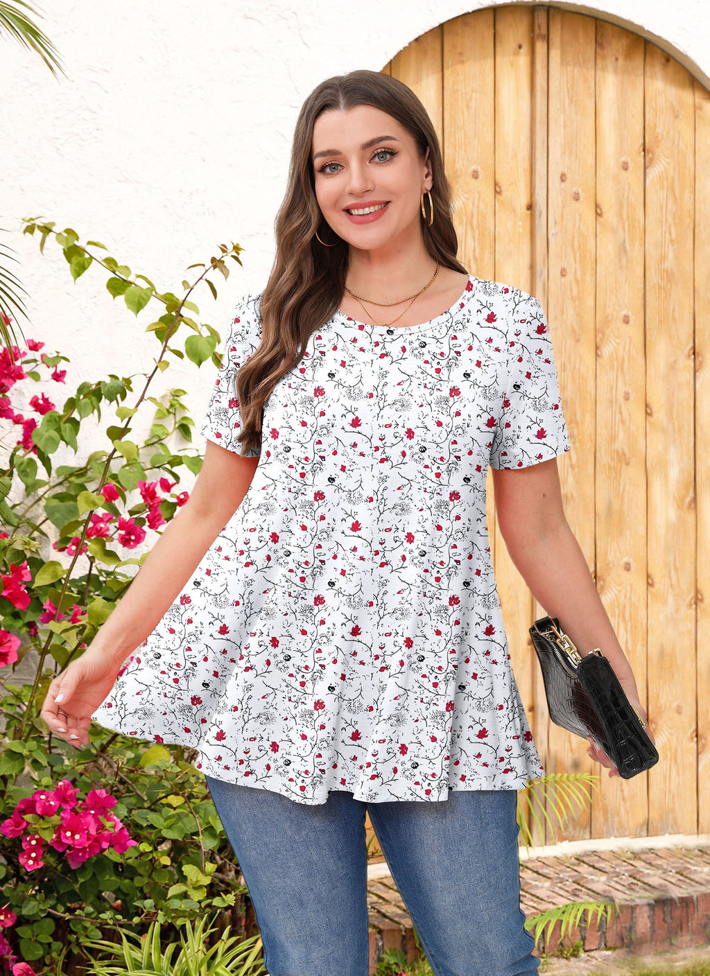 Tunic Tops for Women Plus Size Short Sleeve Crew Neck Swing Flare Loose T-Shirt Blouses to Wear with Leggings