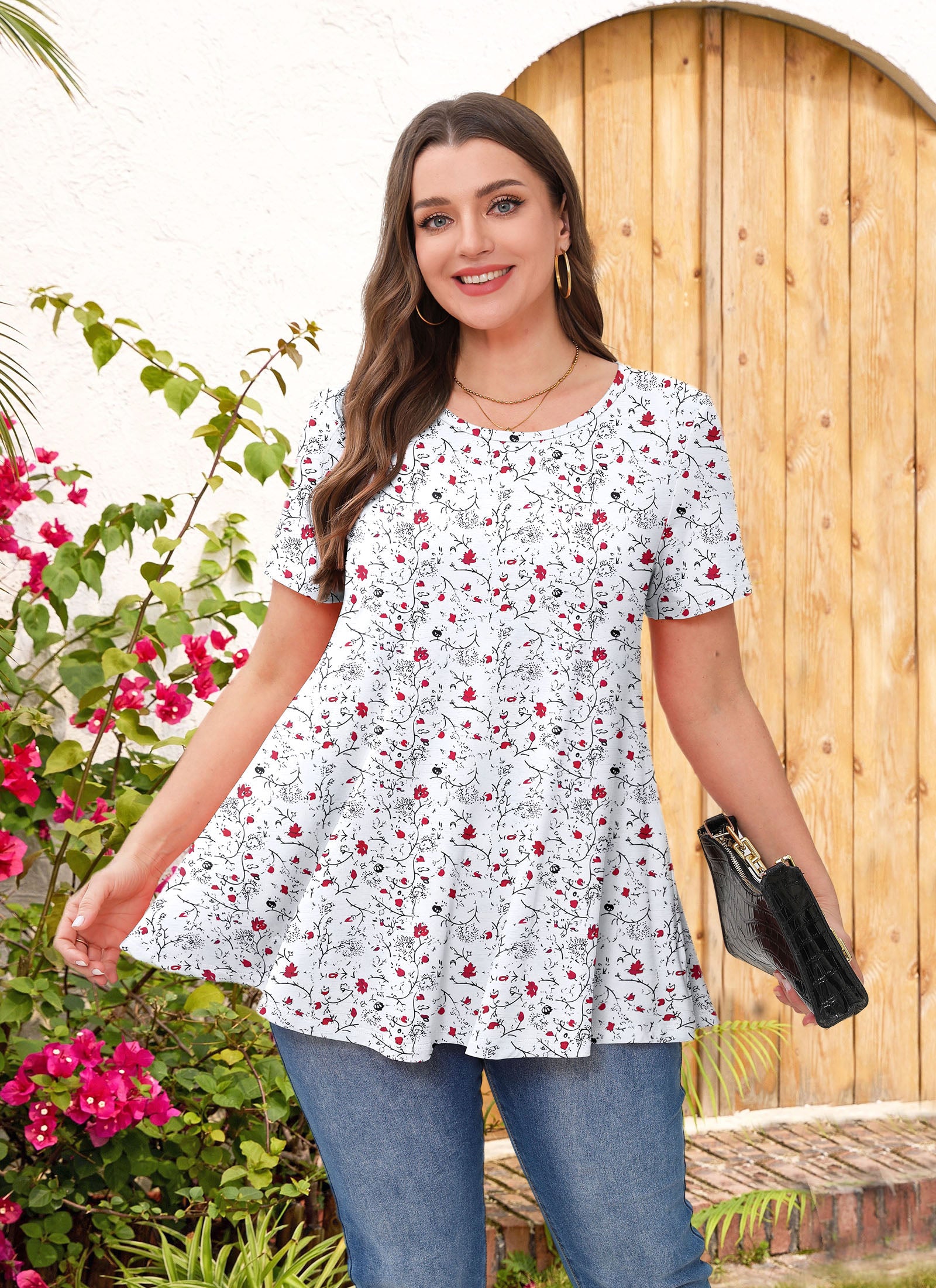 Tunic Tops for Women Plus Size Short Sleeve Crew Neck Swing Flare Loose T-Shirt Blouses to Wear with Leggings