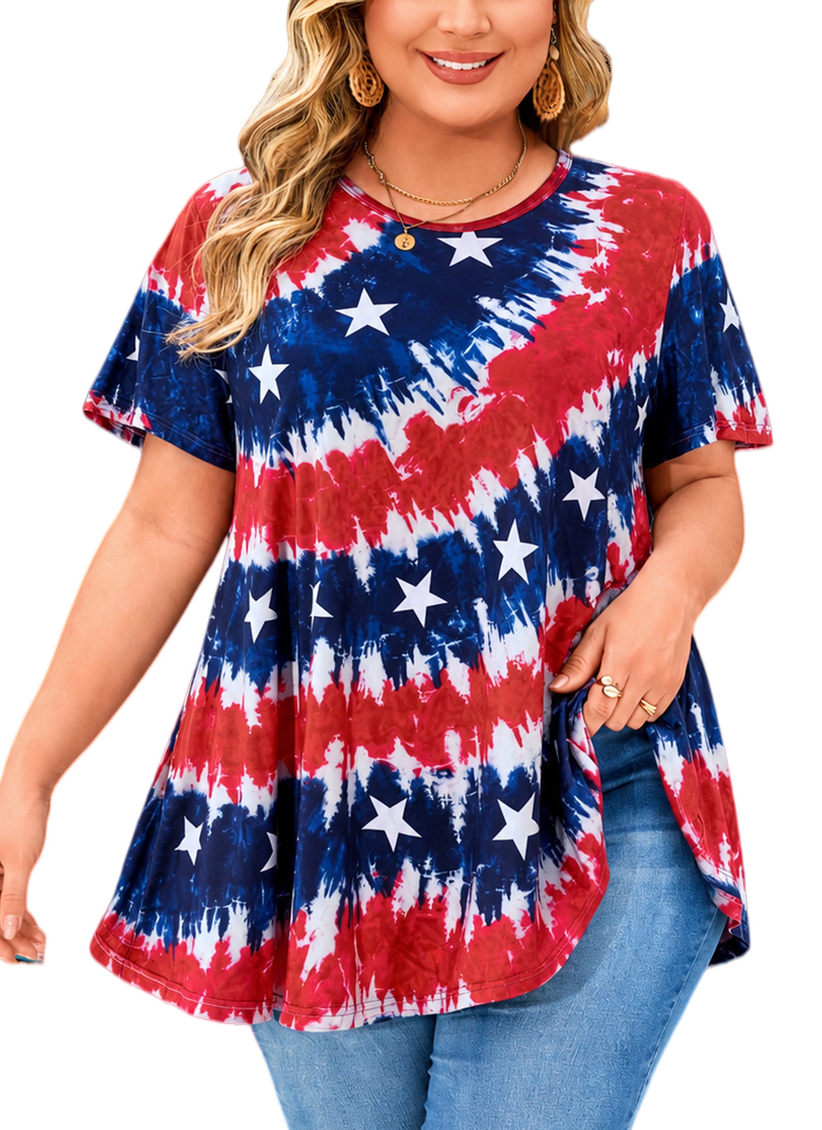 Tunic Tops for Women Plus Size Short Sleeve Crew Neck Swing Flare Loose T-Shirt Blouses to Wear with Leggings
