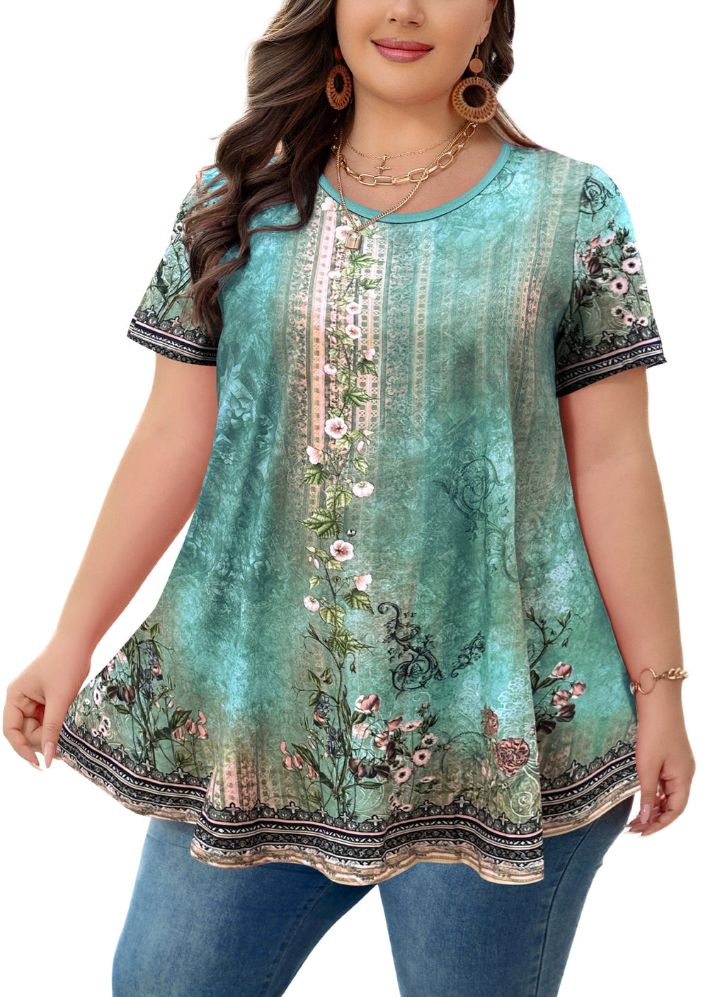 Tunic Tops for Women Plus Size Short Sleeve Crew Neck Swing Flare Loose T-Shirt Blouses to Wear with Leggings
