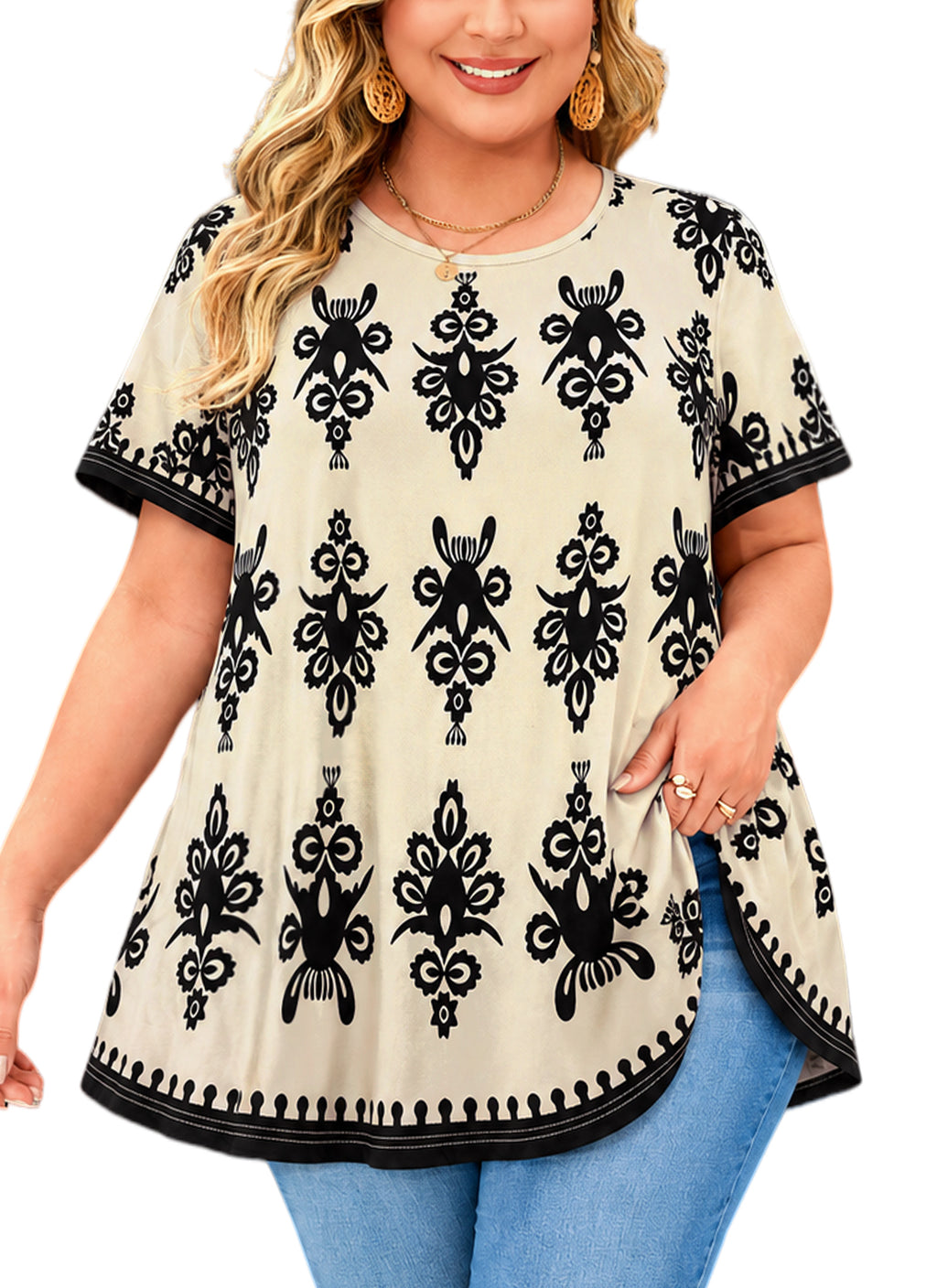 Womens Plus Size Tops Short Sleeve Swing Flare Flowy Tunic Loose Fit Summer Casual Blouses to Wear with Leggings