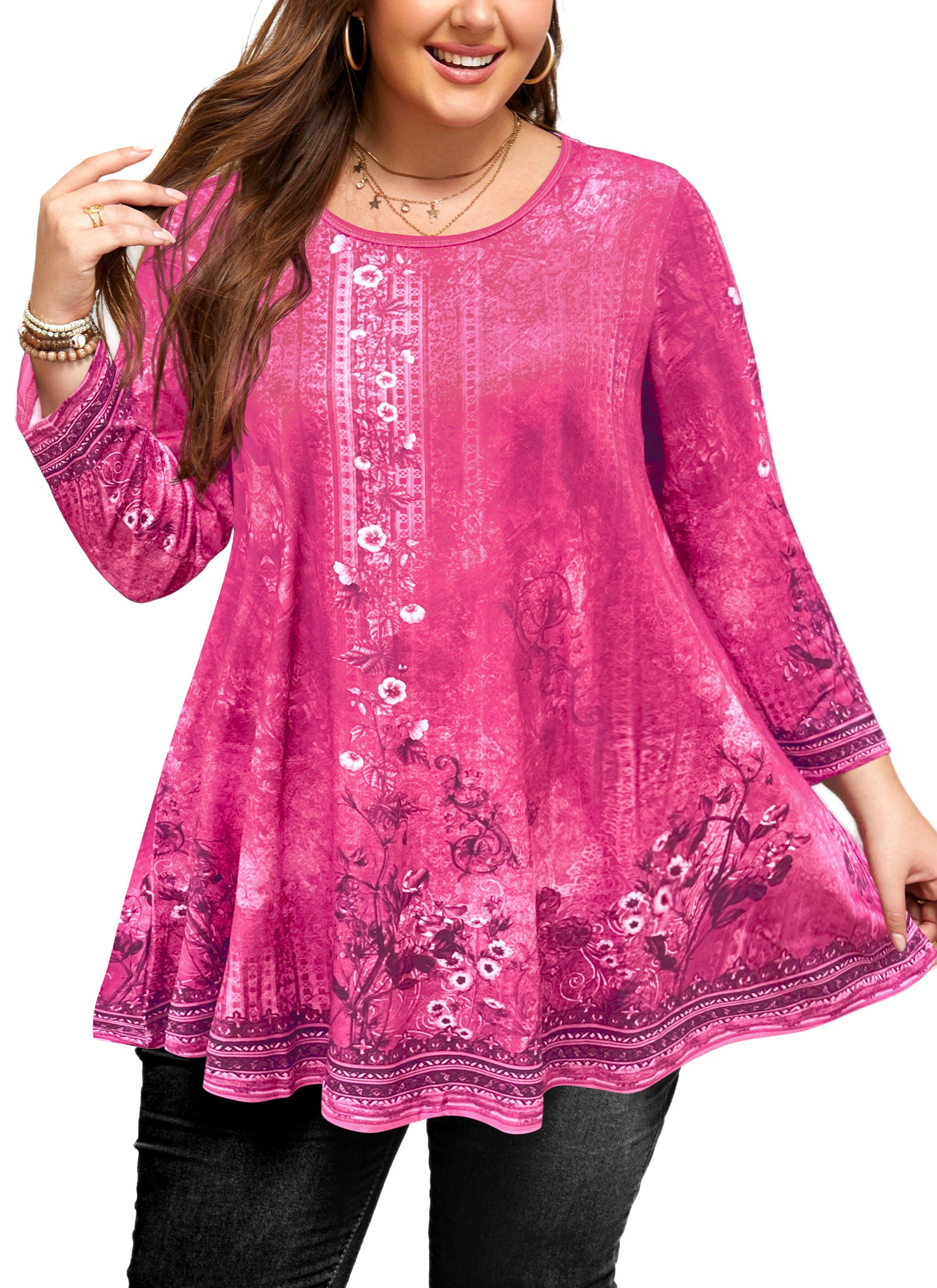 Womens Tunic 3/4 Sleeve Plus Size Tops Crew Neck Swing Flowy Loose Fit T-Shirt Blouses to Wear with Leggings
