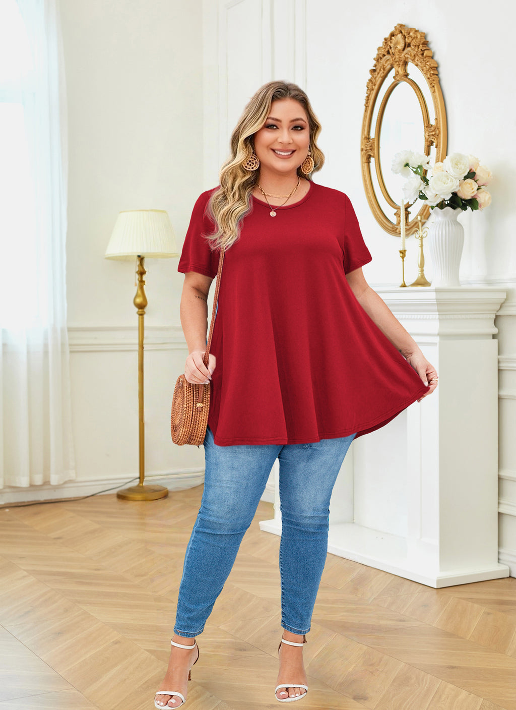 Tunic Tops for Women Plus Size Short Sleeve Crew Neck Swing Flare Loose T-Shirt Blouses to Wear with Leggings