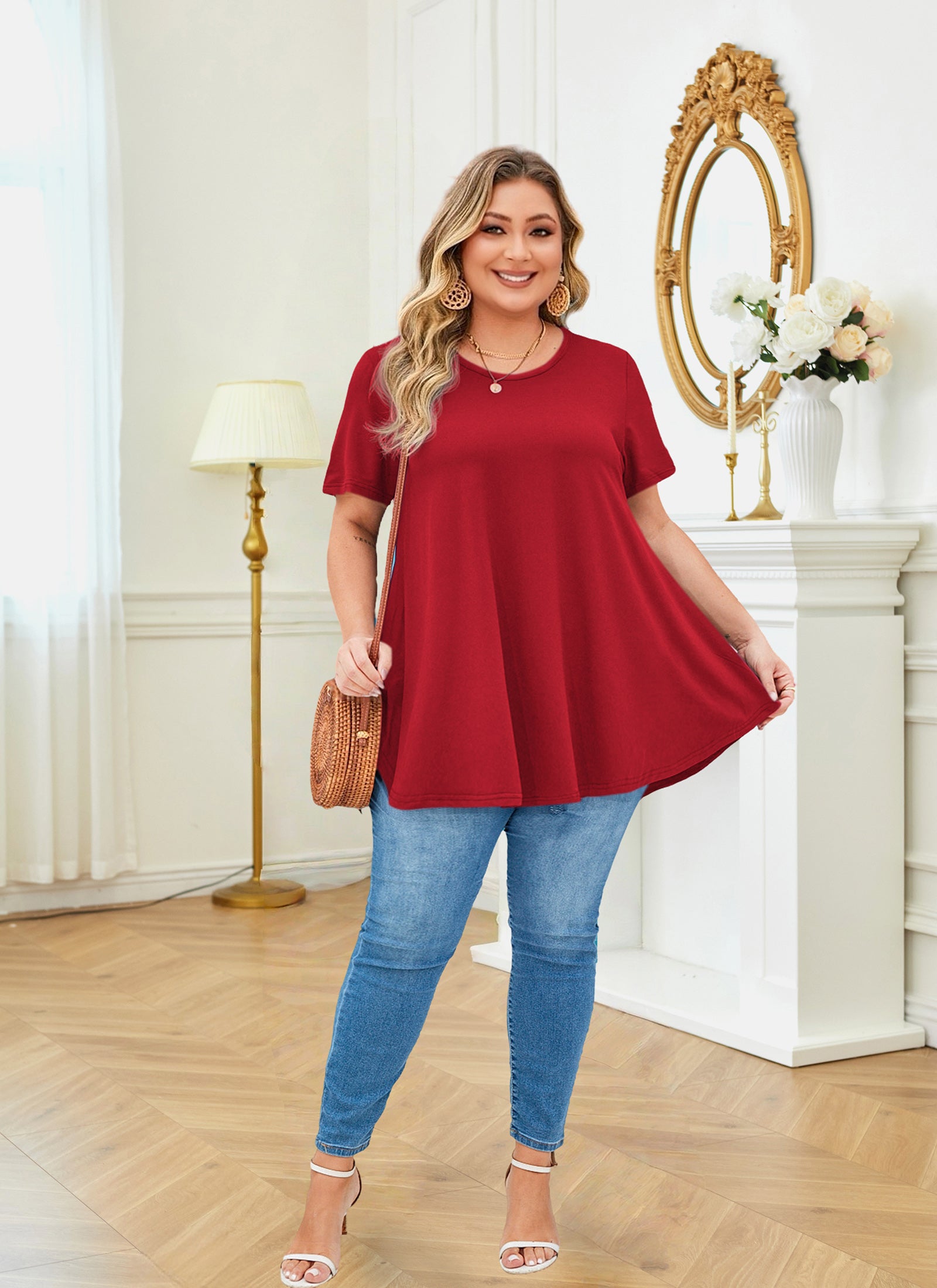 Tunic Tops for Women Plus Size Short Sleeve Crew Neck Swing Flare Loose T-Shirt Blouses to Wear with Leggings