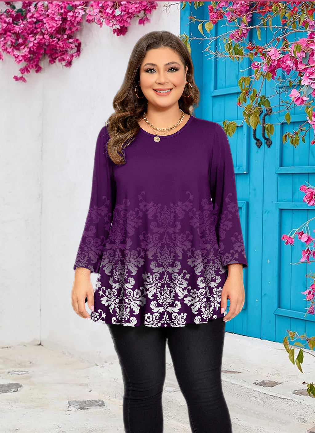 Womens Tunic 3/4 Sleeve Plus Size Tops Crew Neck Swing Flowy Loose Fit T-Shirt Blouses to Wear with Leggings