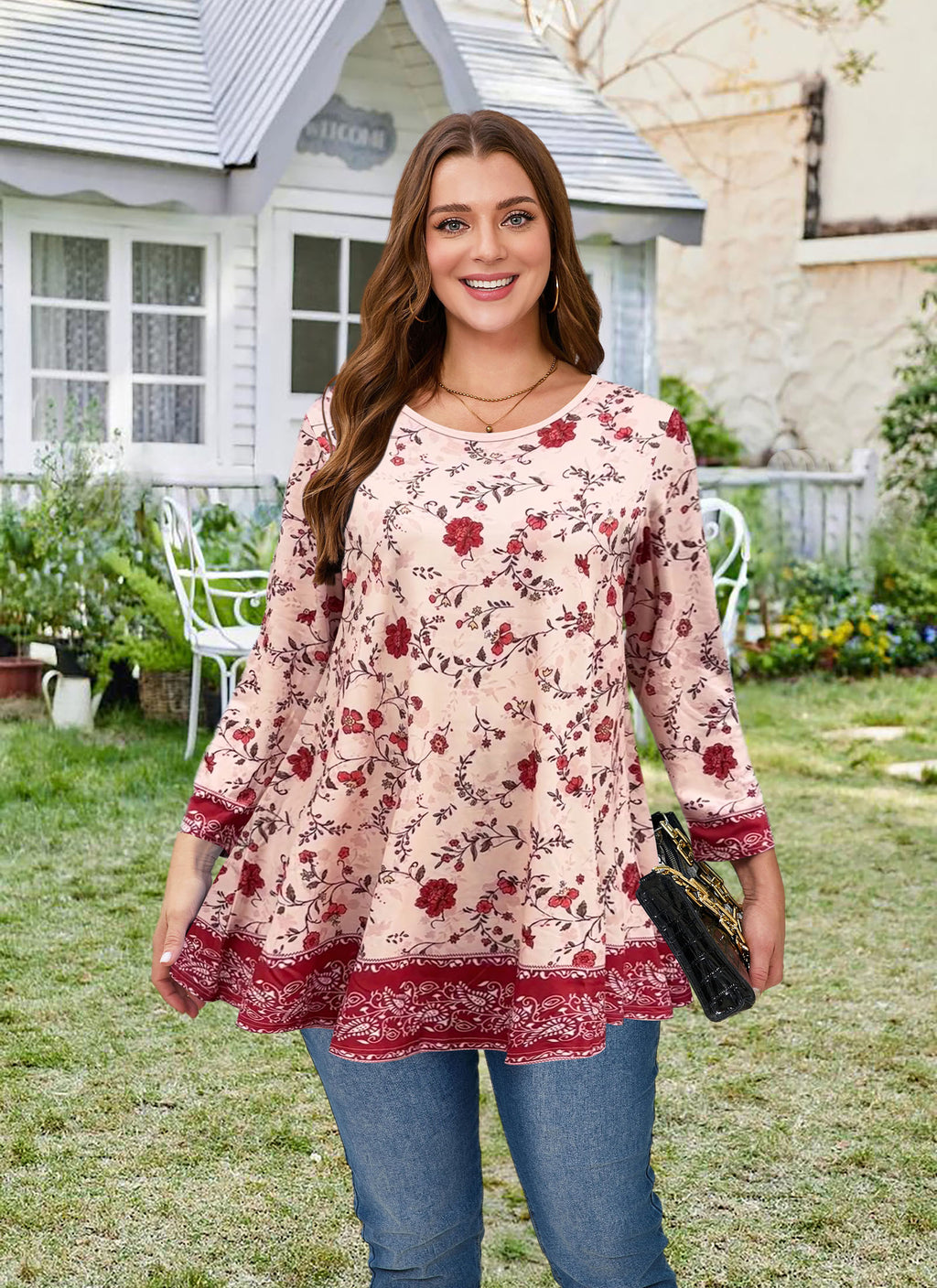 Womens Tunic 3/4 Sleeve Plus Size Tops Crew Neck Swing Flowy Loose Fit T-Shirt Blouses to Wear with Leggings