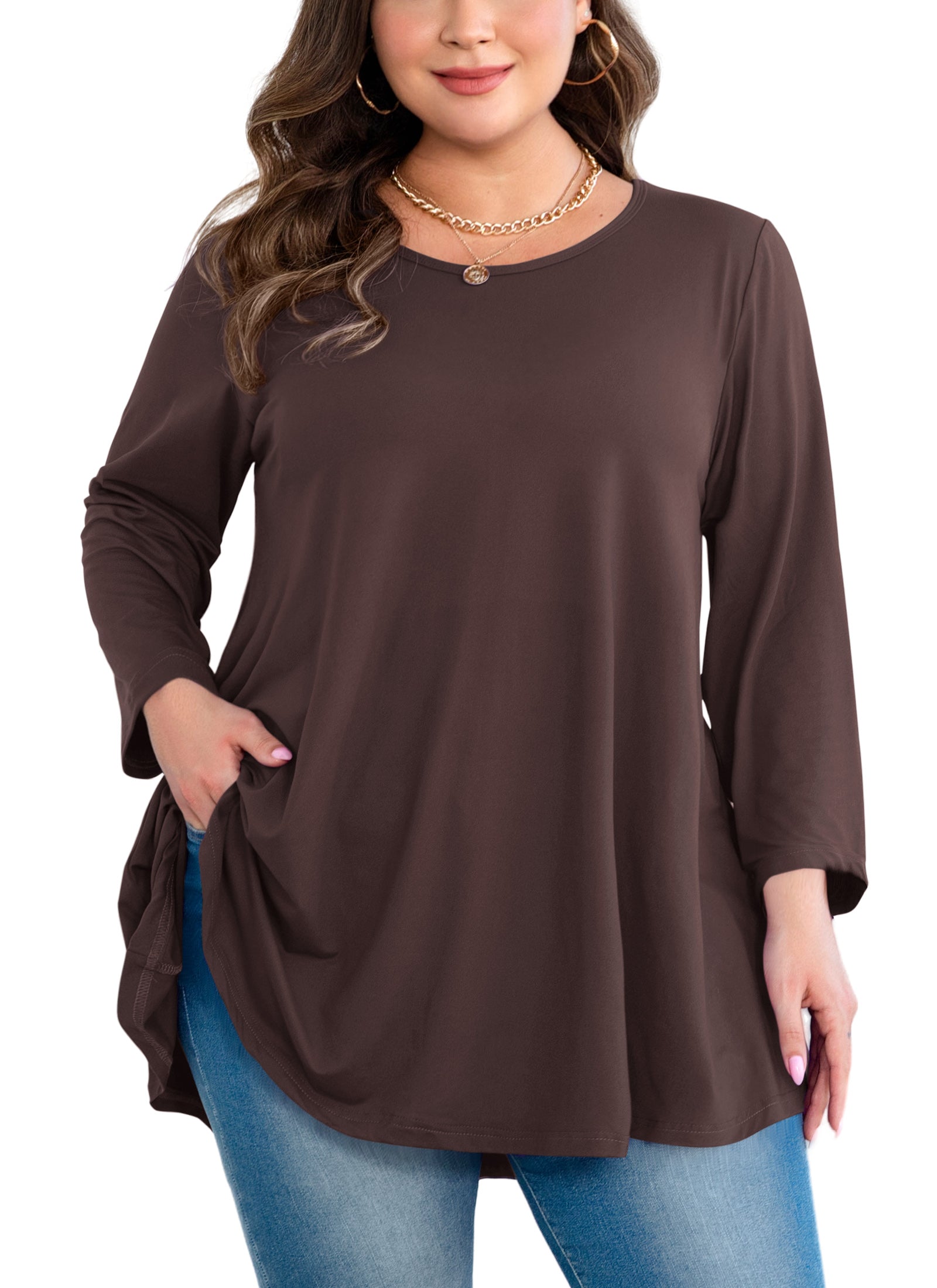 Womens Tunic Tops 3/4 Sleeve Plus Size Crew Neck Swing Flare Loose Fit T-Shirt Blouses to Wear with Leggings