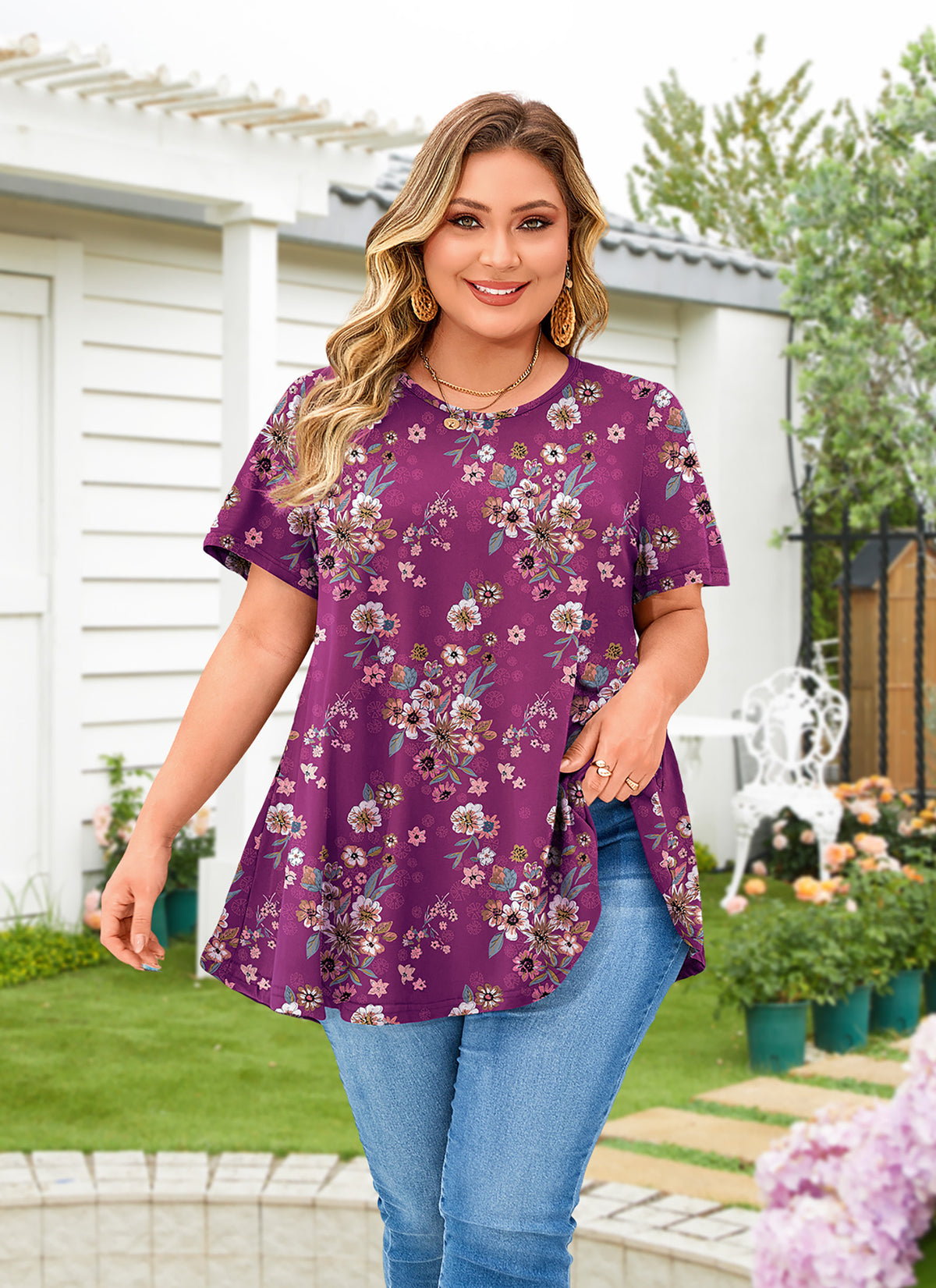 Tunic Tops for Women Plus Size Short Sleeve Crew Neck Swing Flare Loose T-Shirt Blouses to Wear with Leggings