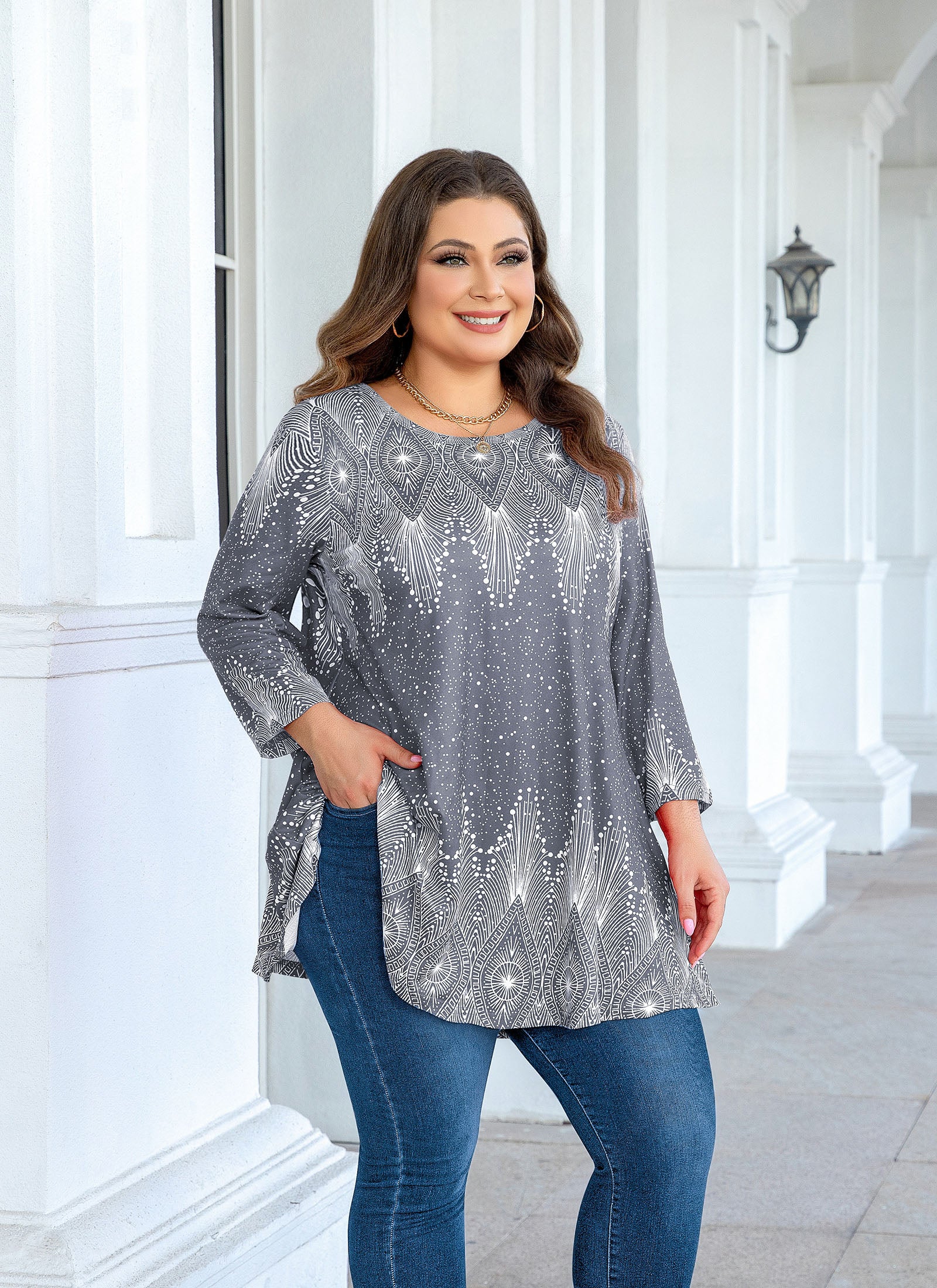 Tunic Tops for Women Plus Size 3/4 Sleeve Crew Neck Swing Flare Loose T-Shirt Blouses to Wear with Leggings