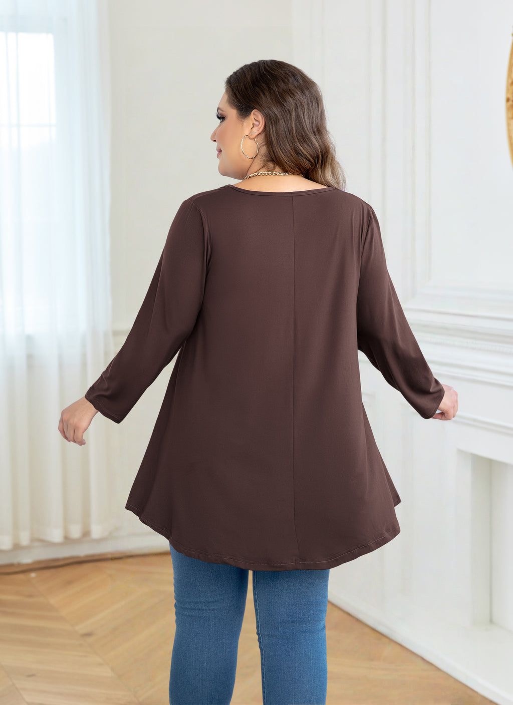 Womens Tunic Tops 3/4 Sleeve Plus Size Crew Neck Swing Flare Loose Fit T-Shirt Blouses to Wear with Leggings