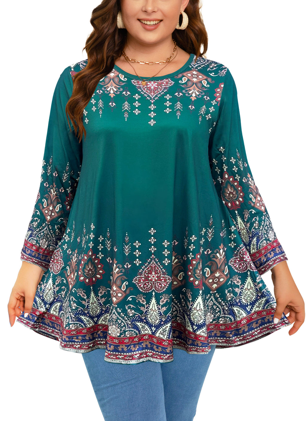 Womens Tunic 3/4 Sleeve Plus Size Tops Crew Neck Swing Flowy Loose Fit T-Shirt Blouses to Wear with Leggings