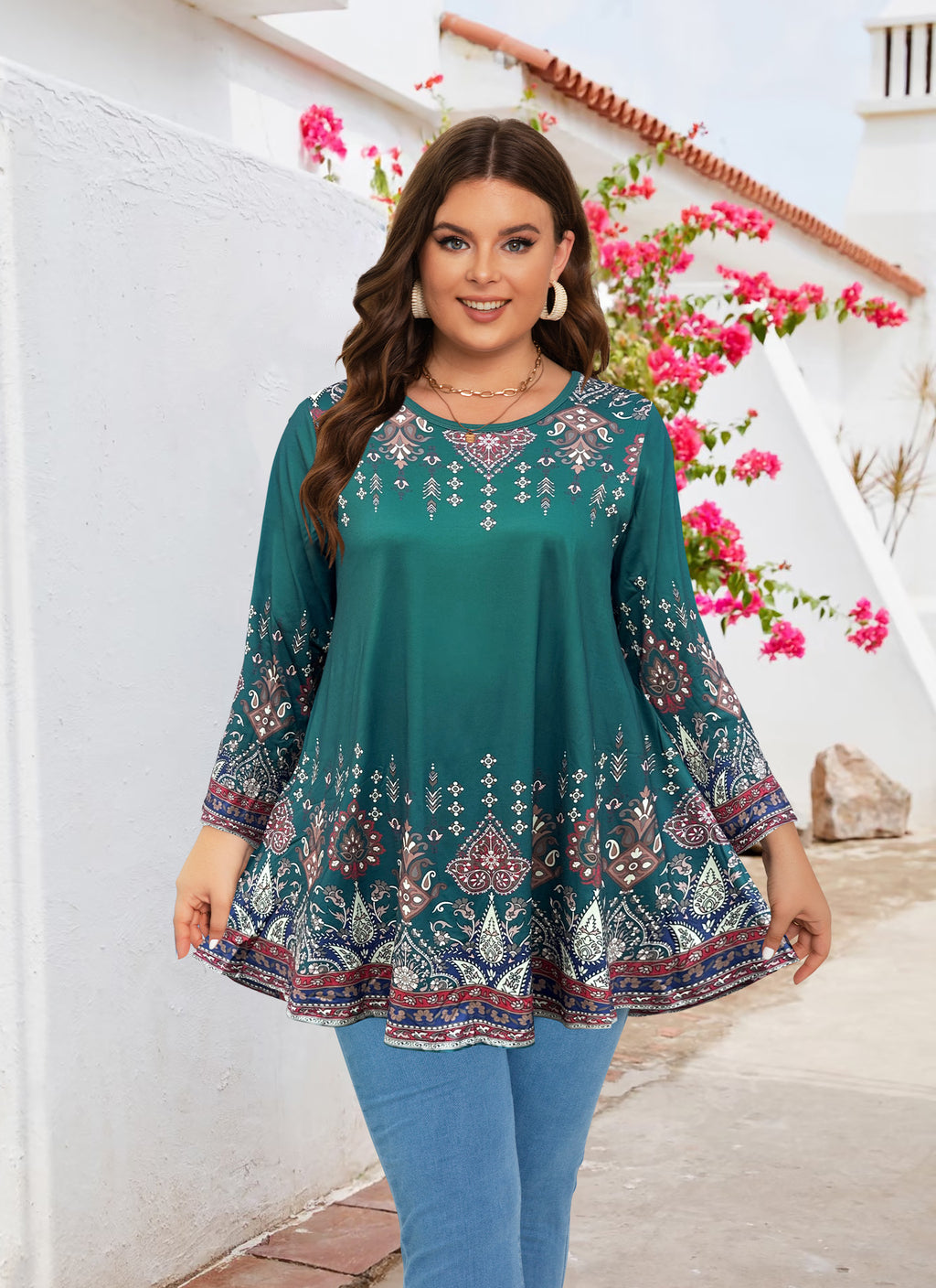 Womens Tunic 3/4 Sleeve Plus Size Tops Crew Neck Swing Flowy Loose Fit T-Shirt Blouses to Wear with Leggings