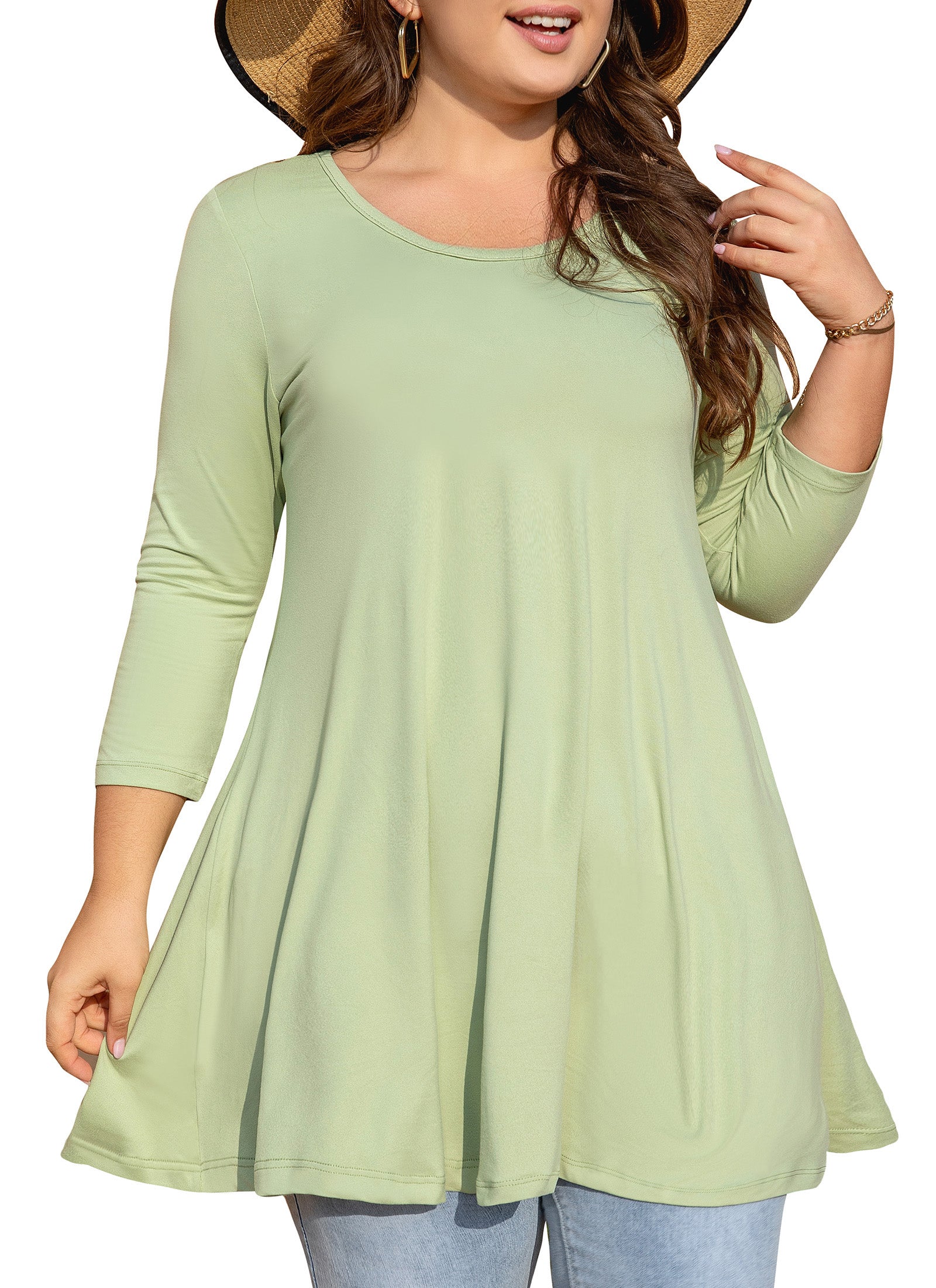 Womens Tunic Tops 3/4 Sleeve Plus Size Crew Neck Swing Flare Loose Fit T-Shirt Blouses to Wear with Leggings