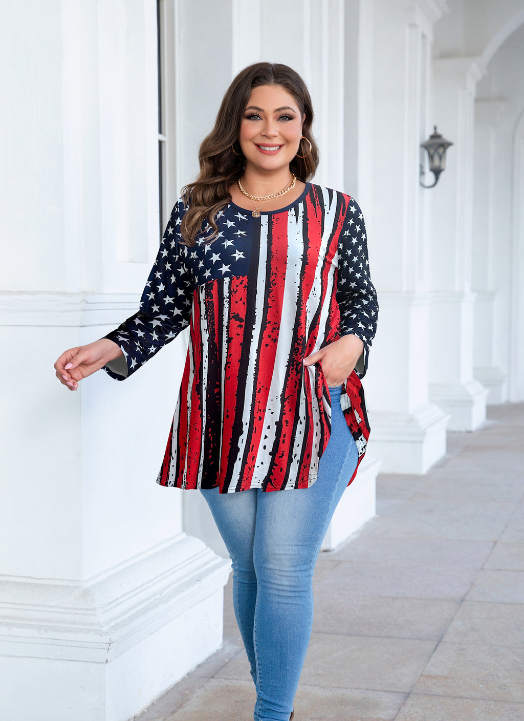 Womens Tunic Tops 3/4 Sleeve Plus Size Crew Neck Swing Flare Loose Fit T-Shirt Blouses to Wear with Leggings