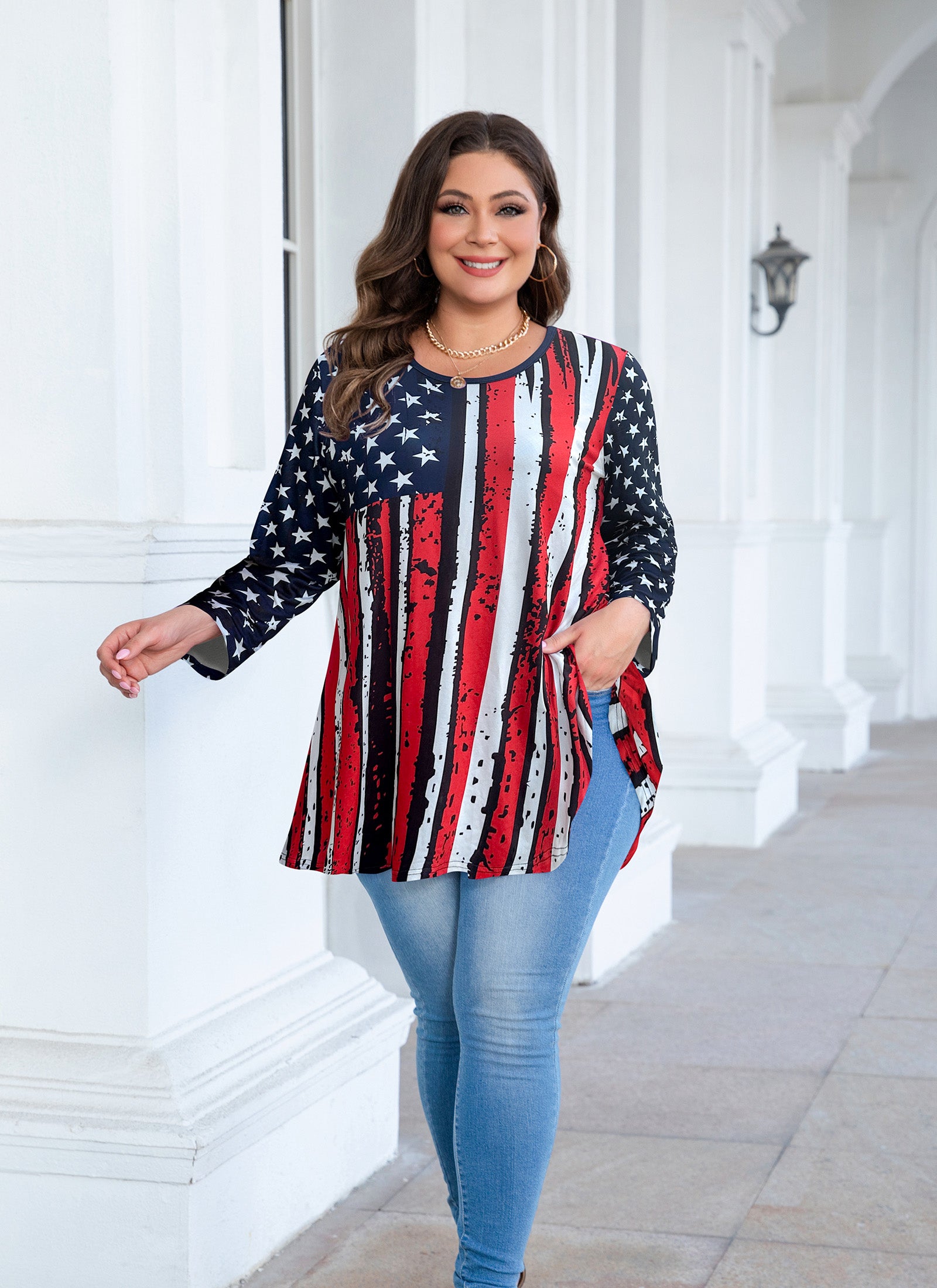 Womens Tunic Tops 3/4 Sleeve Plus Size Crew Neck Swing Flare Loose Fit T-Shirt Blouses to Wear with Leggings