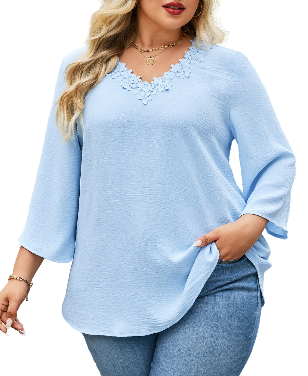 Womens Plus Size Blouses Dressy Casual 3/4 Sleeve Elegant V Neck Floral Trim Ladies Tunics Tops