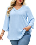 Womens Plus Size Blouses Dressy Casual 3/4 Sleeve Elegant V Neck Floral Trim Ladies Tunics Tops