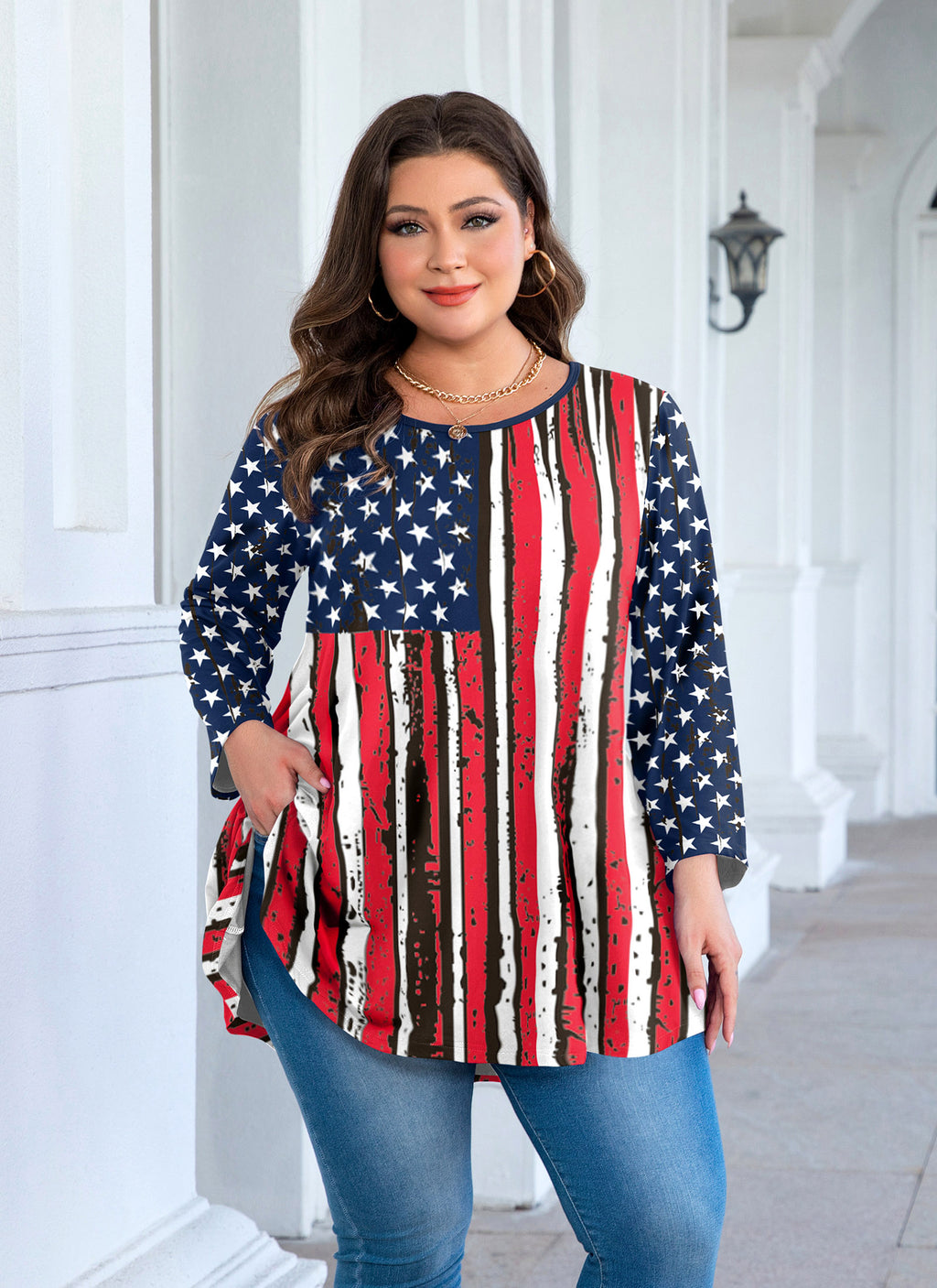 Womens Tunic Tops 3/4 Sleeve Plus Size Crew Neck Swing Flare Loose Fit T-Shirt Blouses to Wear with Leggings