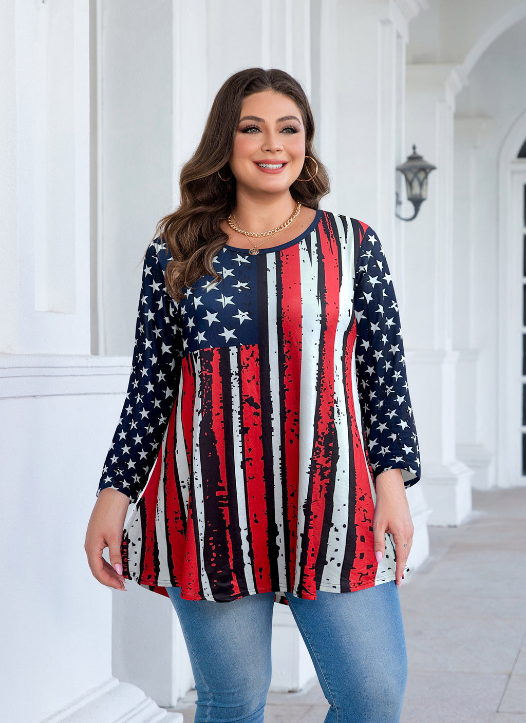 Womens Tunic Tops 3/4 Sleeve Plus Size Crew Neck Swing Flare Loose Fit T-Shirt Blouses to Wear with Leggings