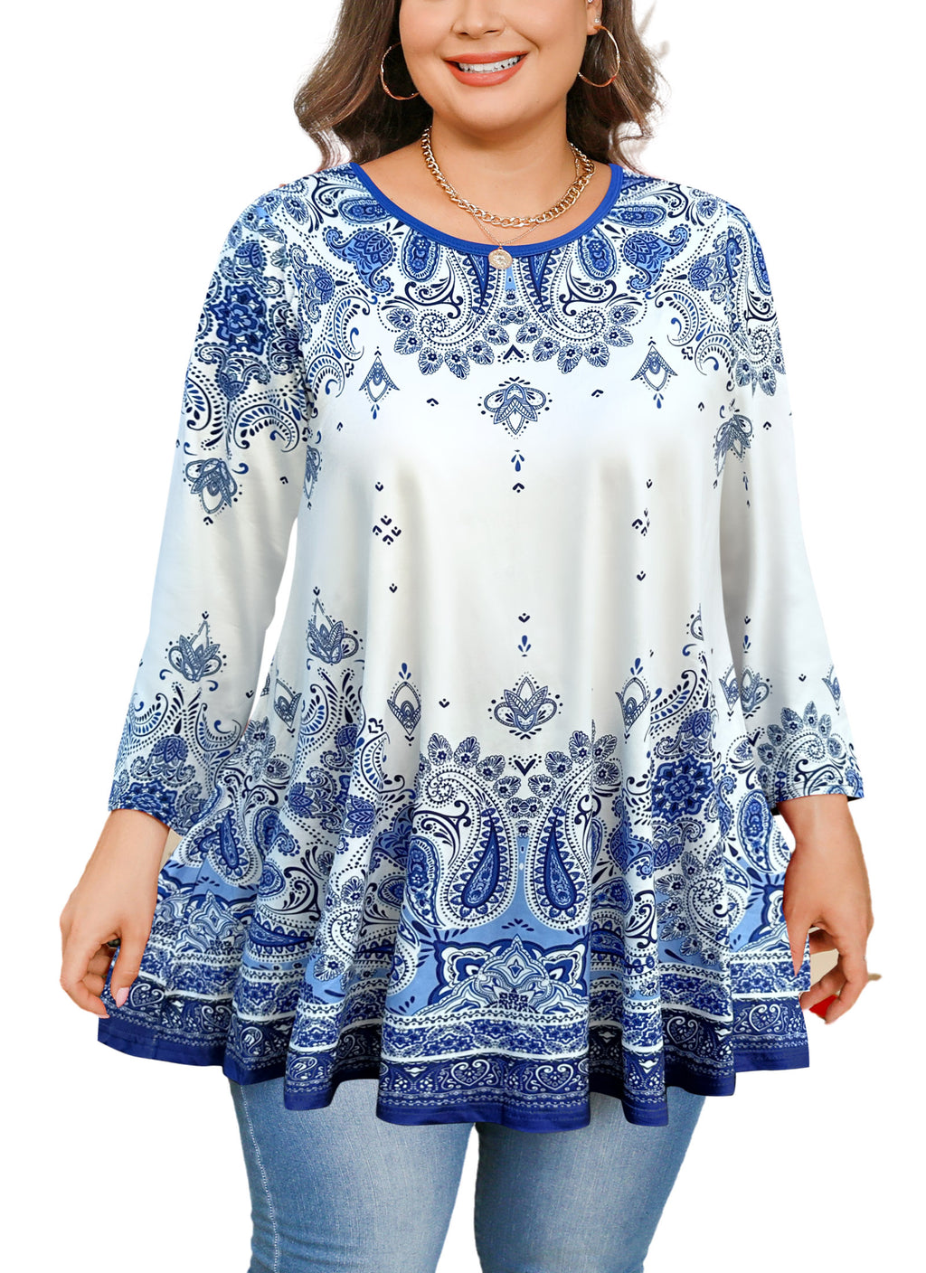 Womens Tunic 3/4 Sleeve Plus Size Tops Crew Neck Swing Flowy Loose Fit T-Shirt Blouses to Wear with Leggings