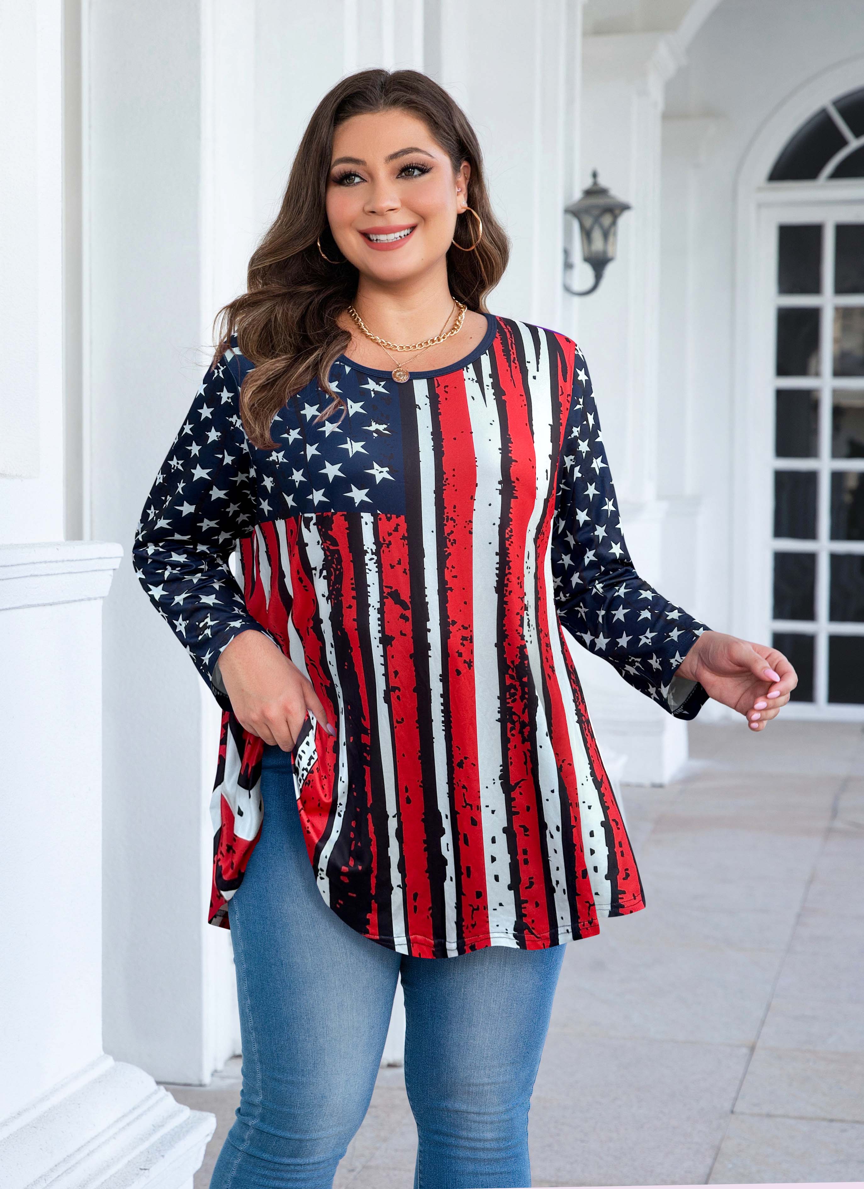 Womens Tunic Tops 3/4 Sleeve Plus Size Crew Neck Swing Flare Loose Fit T-Shirt Blouses to Wear with Leggings