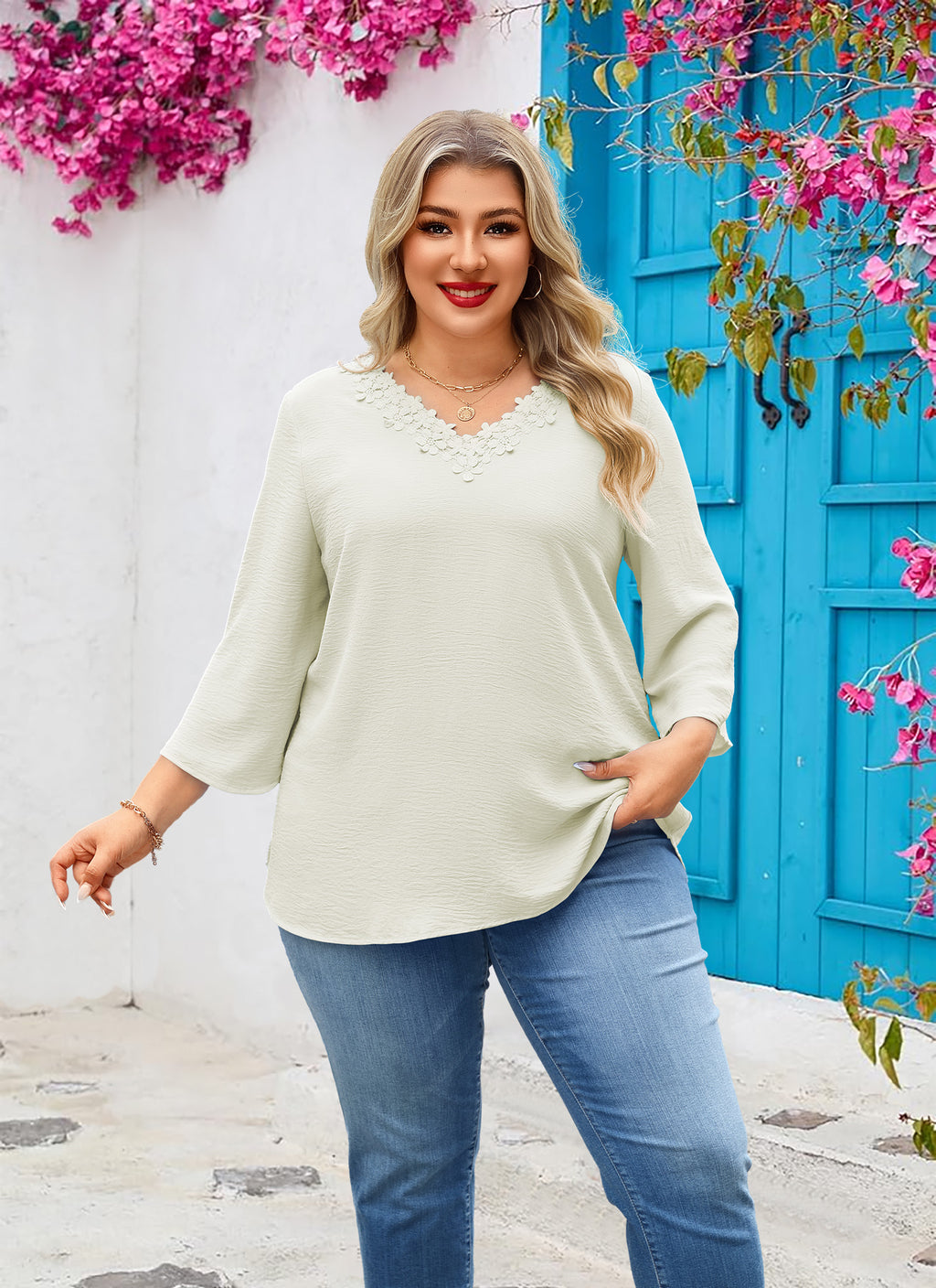 Women's Plus Size Tunic Top | 3/4 Sleeve V-Neck Floral Lace Trim Blouse | XL–6XL