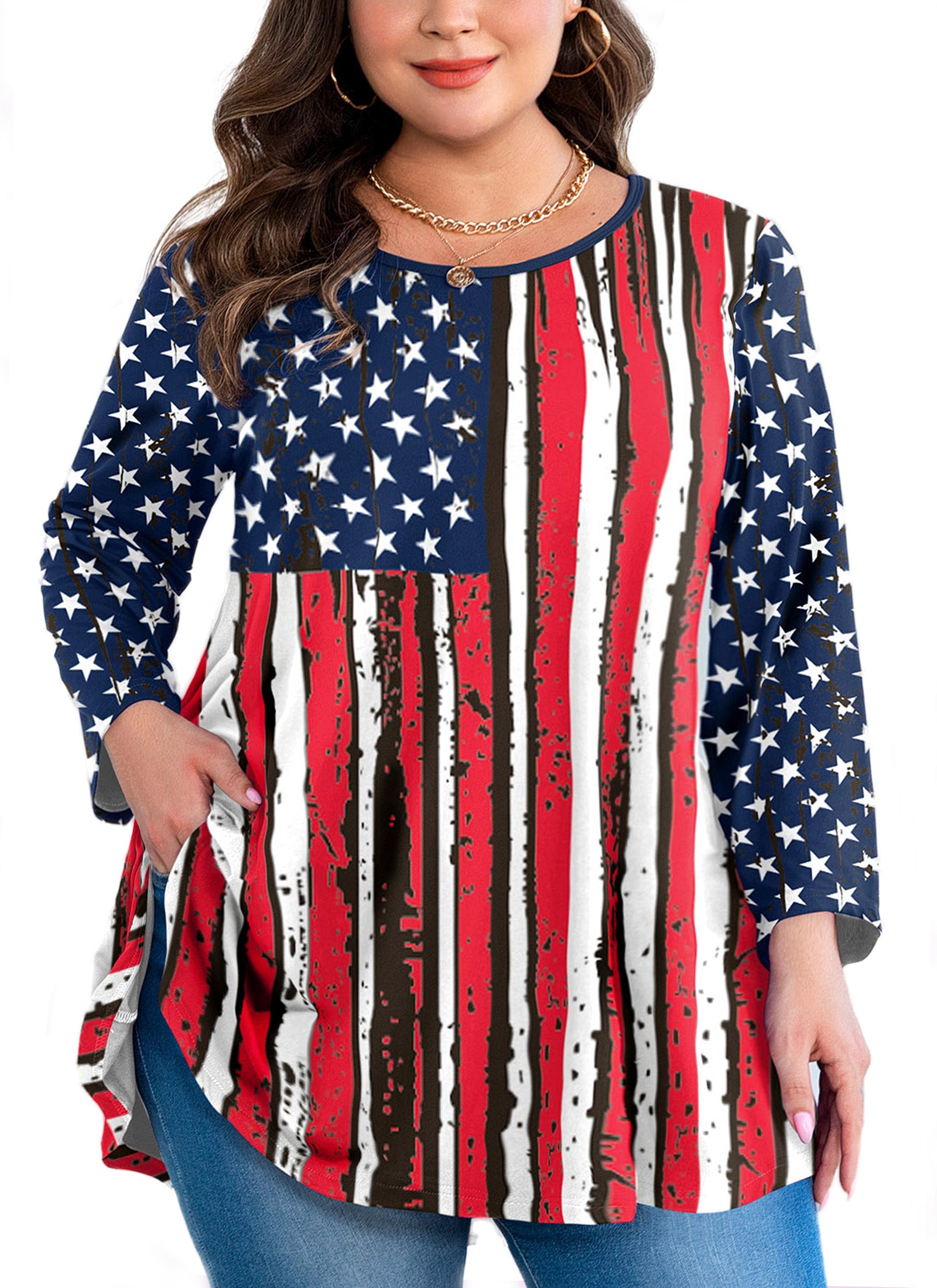 Womens Tunic Tops 3/4 Sleeve Plus Size Crew Neck Swing Flare Loose Fit T-Shirt Blouses to Wear with Leggings