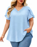 Plus Size Top V Neck Short Sleeve Blouses for Curvy Women Loose Fit Dressy Floral Trim Ladies Tunic