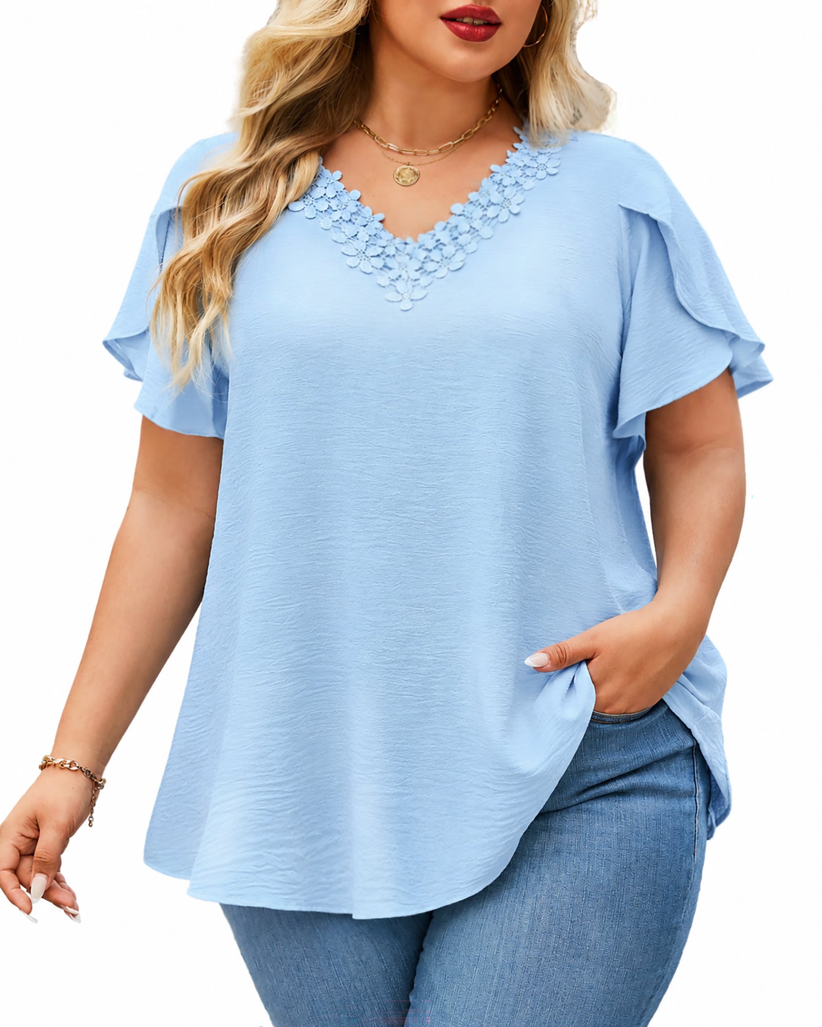 Plus Size Top V Neck Short Sleeve Blouses for Curvy Women Loose Fit Dressy Floral Trim Ladies Tunic