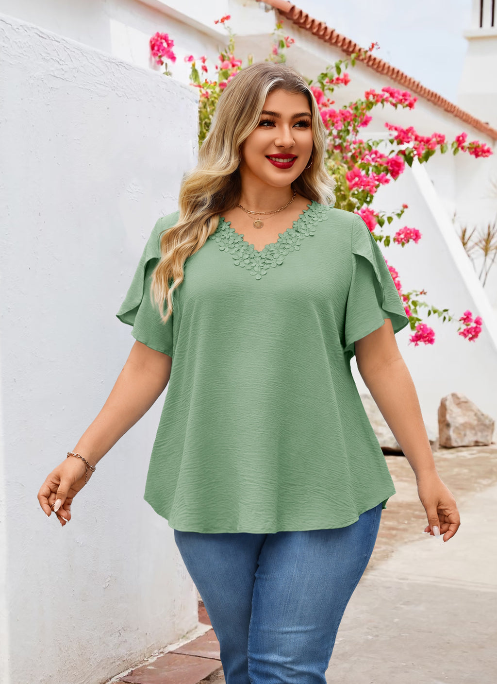 Plus Size Top V Neck Short Sleeve Blouses for Curvy Women Loose Fit Dressy Floral Trim Ladies Tunic