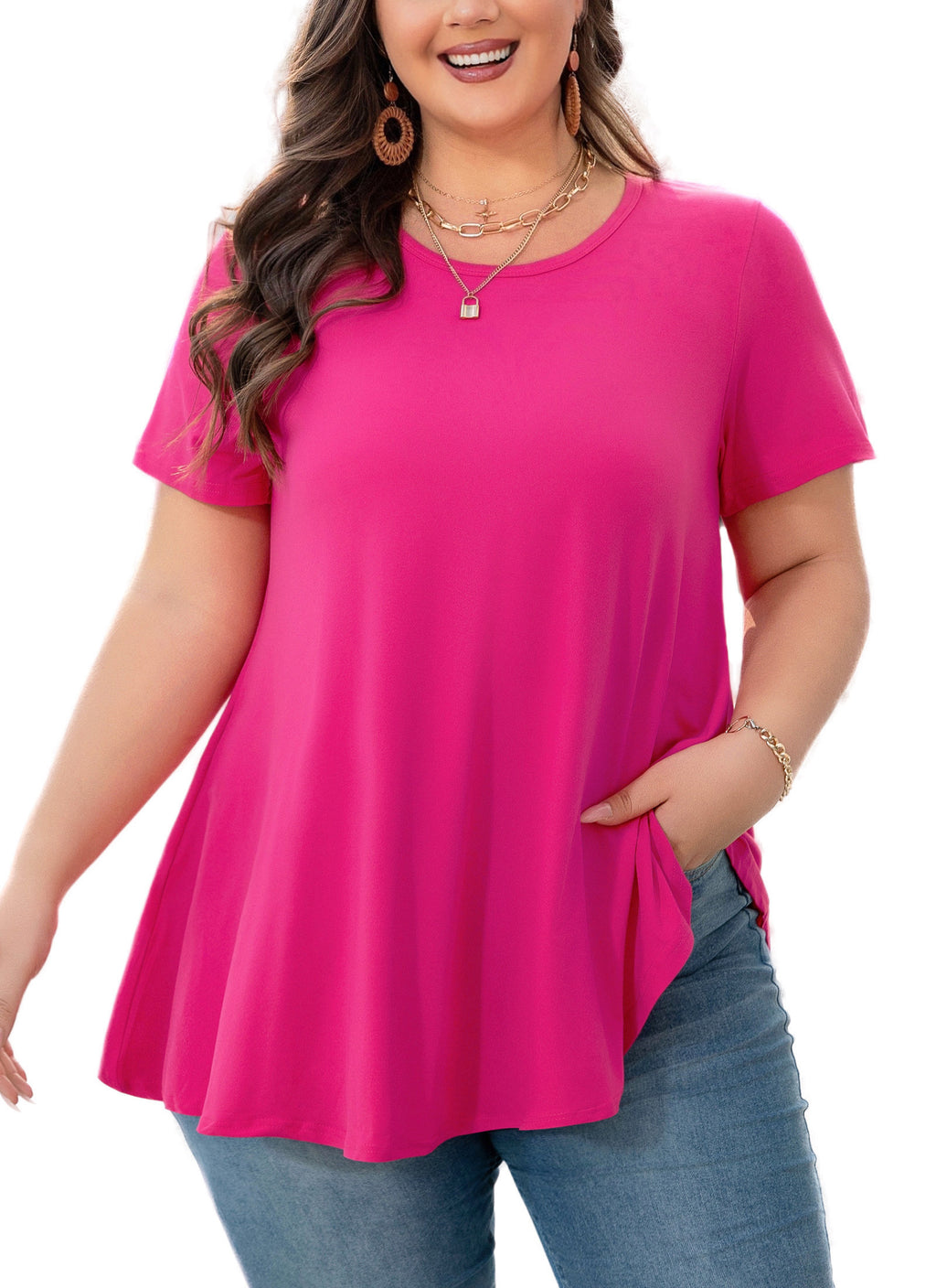 Tunic Tops for Women Plus Size Short Sleeve Crew Neck Swing Flare Loose T-Shirt Blouses to Wear with Leggings