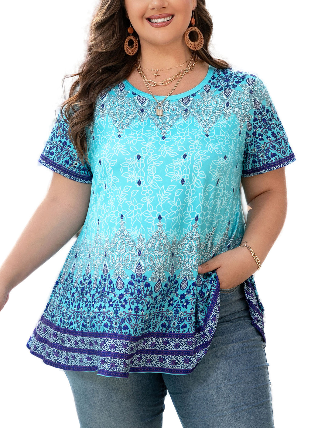 Tunic Tops for Women Plus Size Short Sleeve Crew Neck Swing Flare Loose T-Shirt Blouses to Wear with Leggings