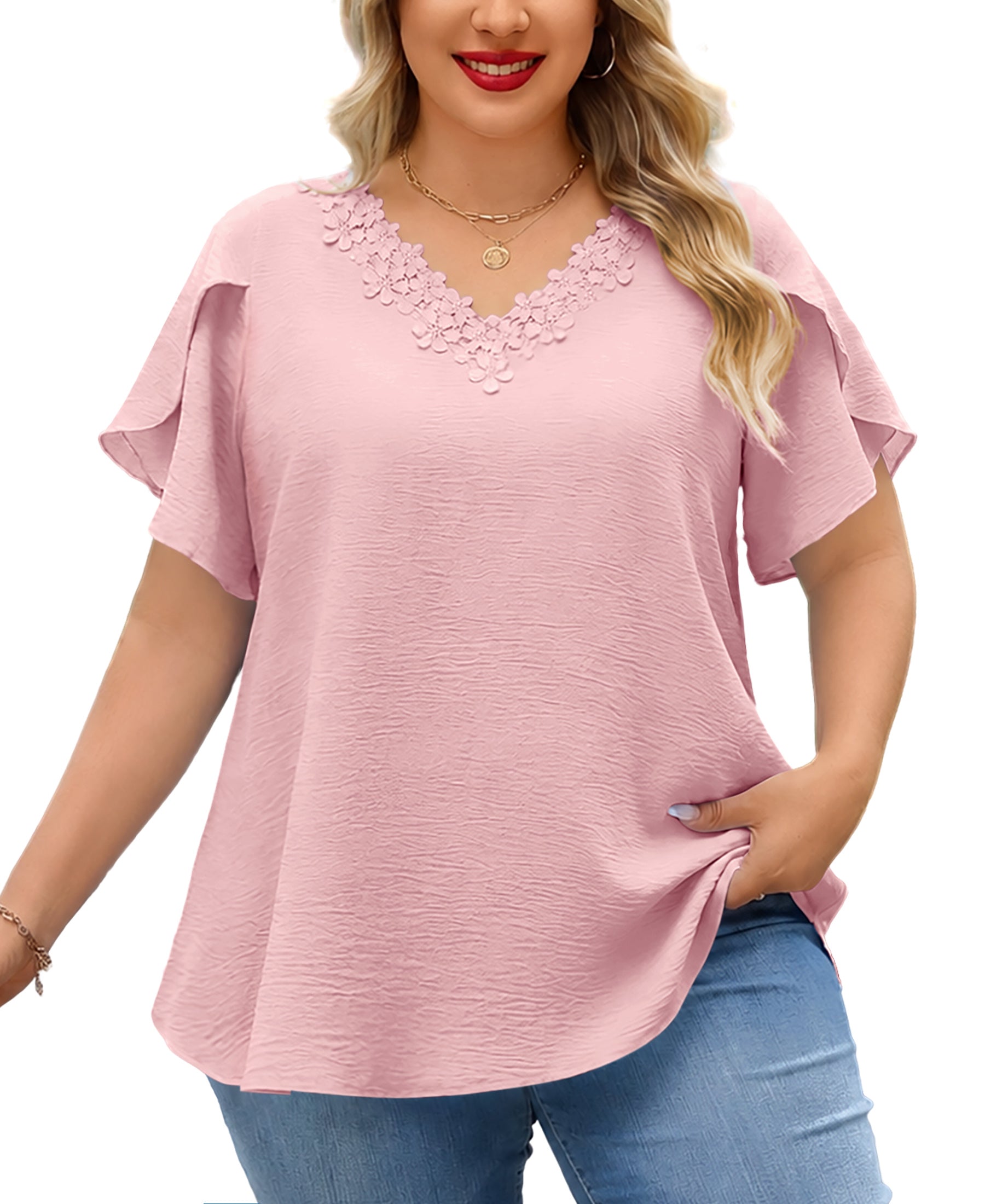 Women's V-Neck Floral Trim Blouse – Loose Fit Plus Size Top, Pink