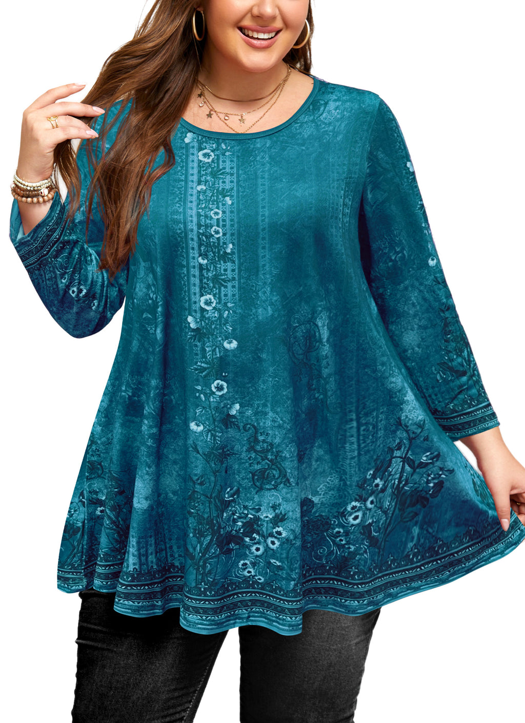 Womens Tunic 3/4 Sleeve Plus Size Tops Crew Neck Swing Flowy Loose Fit T-Shirt Blouses to Wear with Leggings