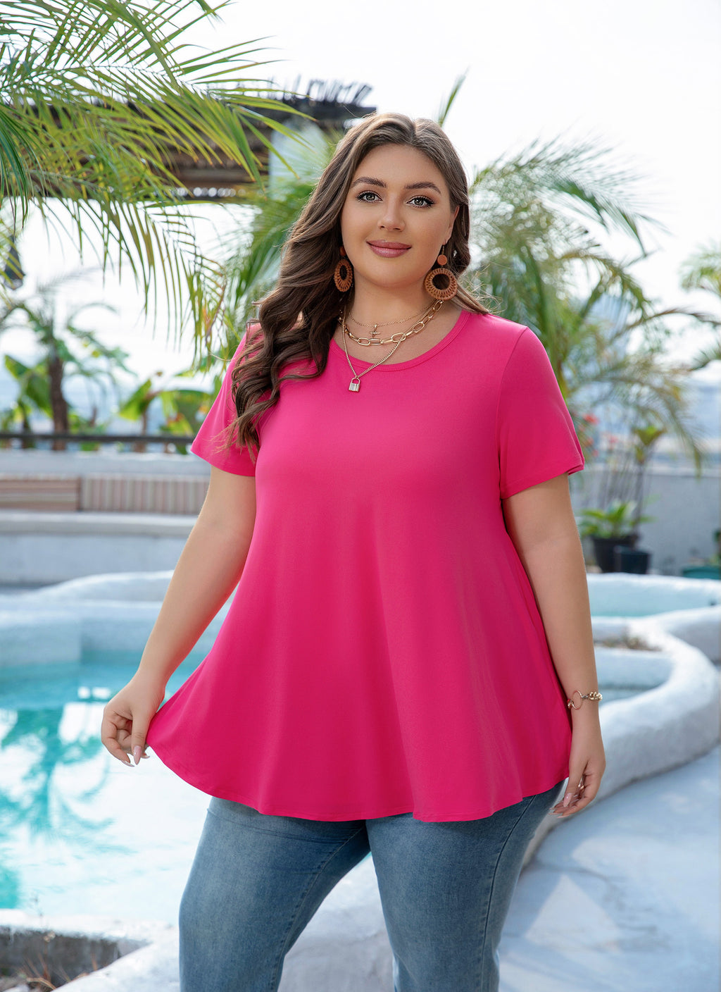 Tunic Tops for Women Plus Size Short Sleeve Crew Neck Swing Flare Loose T-Shirt Blouses to Wear with Leggings